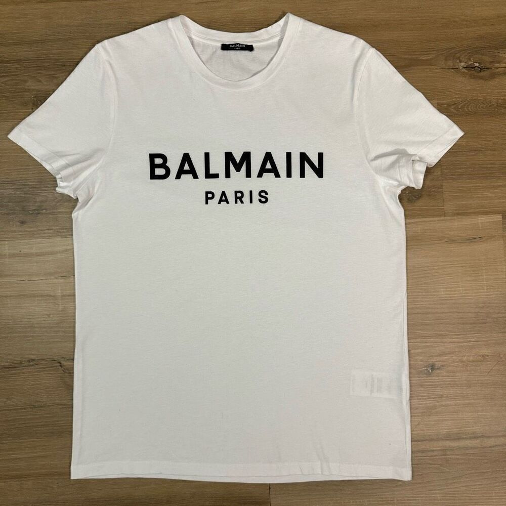 Balmain Paris Men M Original Classic Logo Graphic White Tee Shirt Organic Luxury